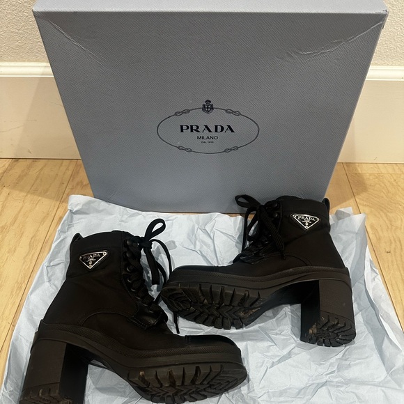 Prada Women's Calzature Donna Re Nylon Combat Black Lace-Up Ankle Boots Size 35 - Picture 3 of 10